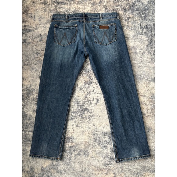 Wrangler Retro Jeans Mens fits 38x31 Blue Slim Straight Whiskered 5 Pocket - Picture 4 of 10